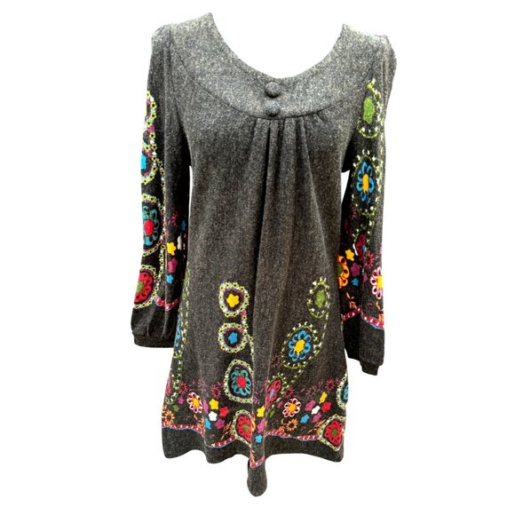 Aryeh Soft Knit Long Sleeve Tunic Boho Dress Floral Embroidery Cottage Core Grey - Picture 1 of 13